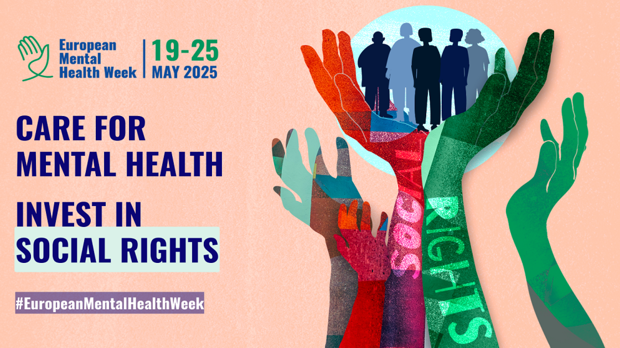 A visual showing hands of various colors with the inscription "social rights" holding a group of people.
