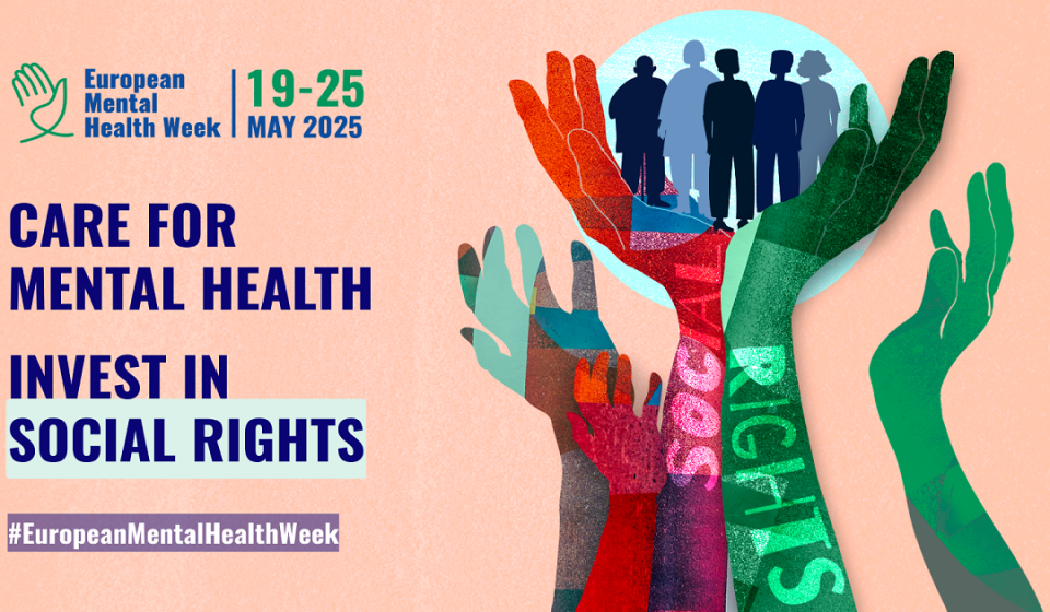 A visual showing hands of various colors with the inscription "social rights" holding a group of people.