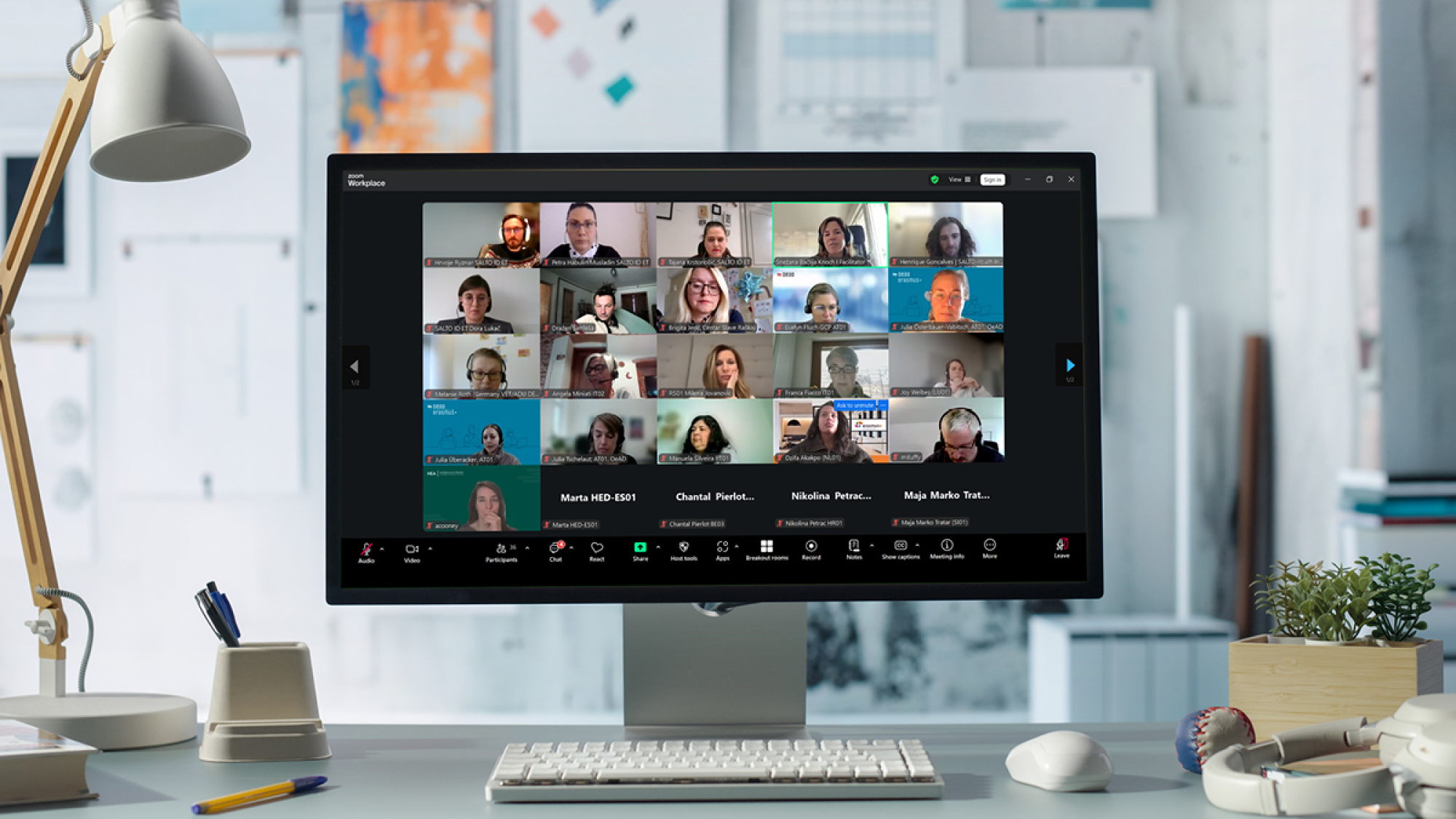 A computer screen with talking heads in an online meeting and the inscription "0th Meeting of Inclusion and Diversity Officers" above it.