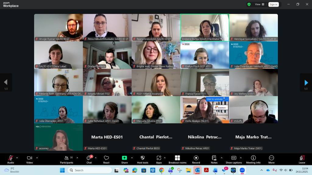 A screenshot with numerous images of participants at an online meeting on Zoom.