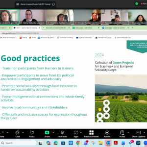 Screenshot from a Zoom online meeting with a female speaker showing a presentation slide on good practices in the field of green inclusion.