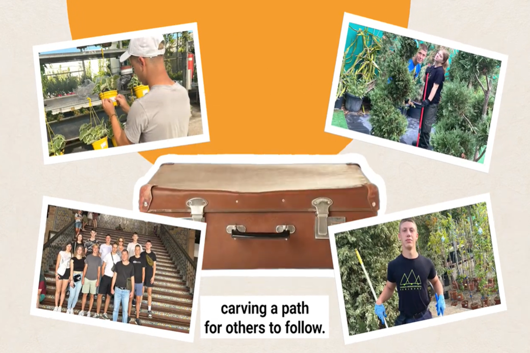 A screenshot from the video "Knock on Wood – A School Makes Use of Its Diversity to Improve Employability" showing woodworking students doing physical work while on mobility abroad.