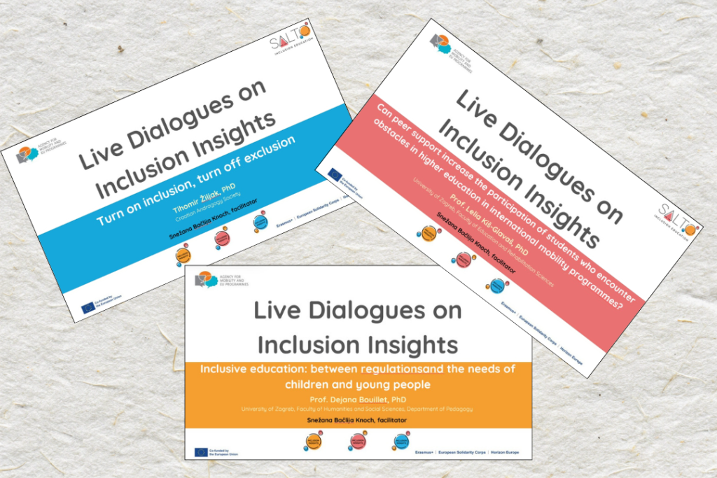 A collage of cards announcing "live dialogues on Inclusion Insights" with Mr. Tihomir Žiljak, Prof. Dejana Bouillet, PhD and Prof. Lelia Kiš-Glavaš, PhD