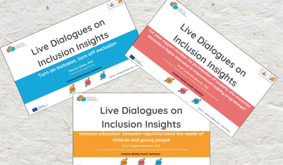 A collage of cards announcing "live dialogues on Inclusion Insights" with Mr. Tihomir Žiljak, Prof. Dejana Bouillet, PhD and Prof. Lelia Kiš-Glavaš, PhD